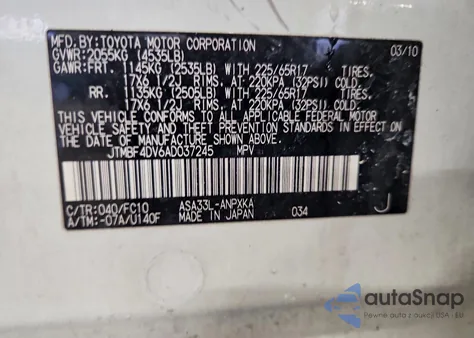 2010 Toyota Rav4 z USA, uszkodzony, nr VIN JTMBF4DV6AD037245